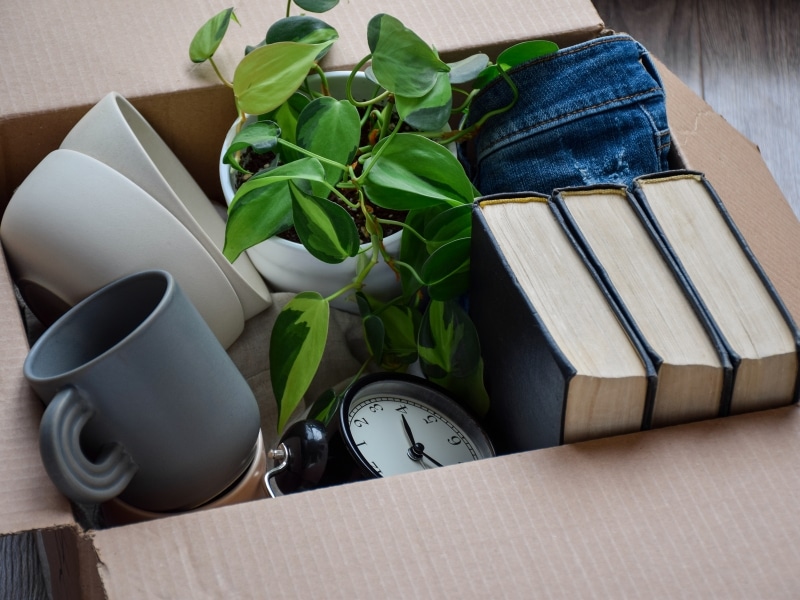 Cardboard box with books, a plant, jeans, mugs, and a clock—showing what to do with belongings when someone dies.